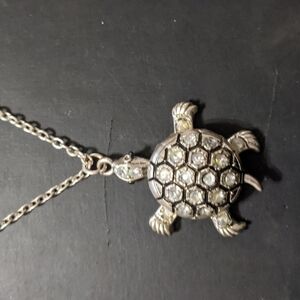 Silver Tone Clear Rhinestone Wiggle Turtle Pendant Statement Necklace